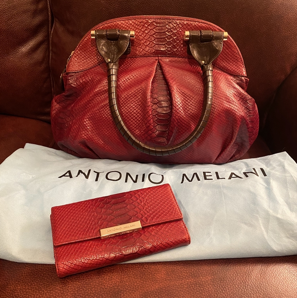 REDUCED!! NWOT Antonio Melani Red Crocodile Embossed Handbag and Wallet Set